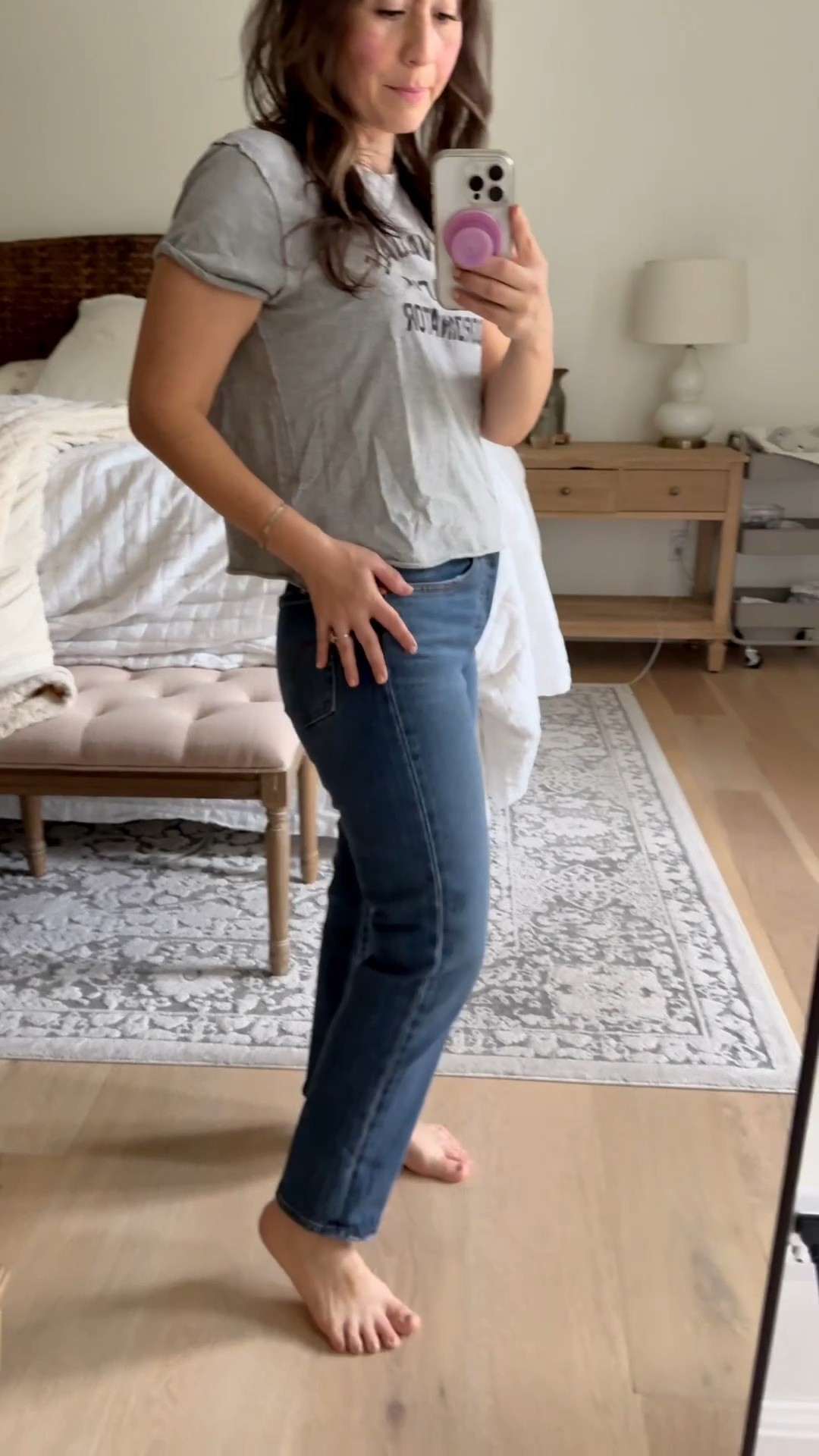 Wearing a 28. I would size up one size for these.  They have no stretch. In stretchy jeans I wear a 26 or 27. These feel amazing and hold you in.

#LTKOver40