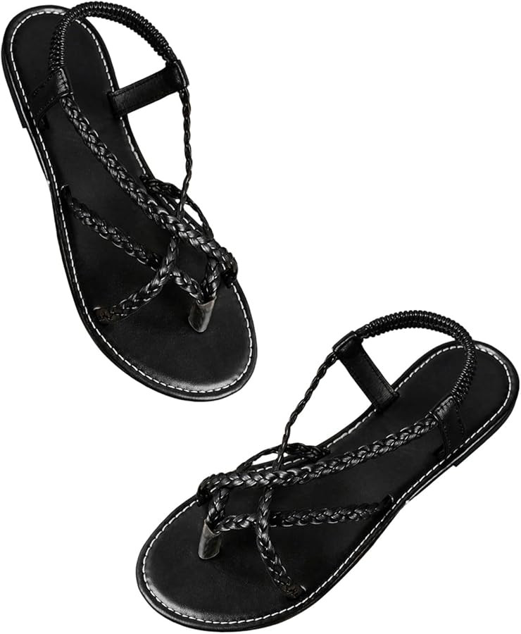 Verdusa Women's Flat Sandals Strappy Dressy Ankle Strap Casual Summer Thong Sandals for Beach | Amazon (US)