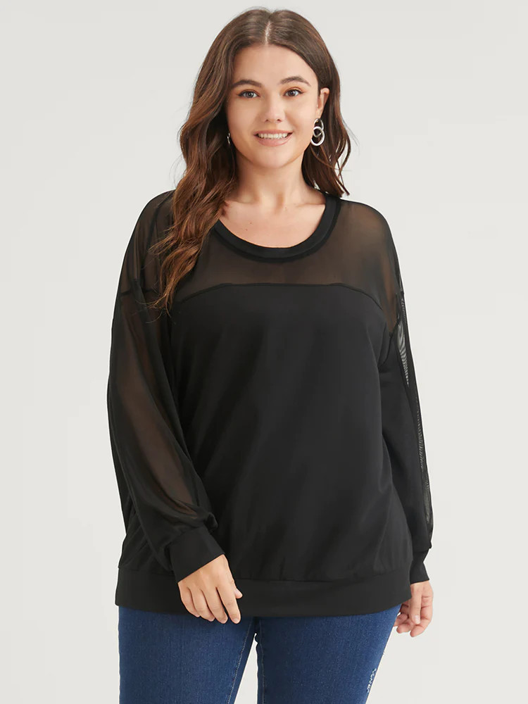 Solid Round Neck Mesh Patchwork Drop Shoulder Sweatshirt | Bloomchic
