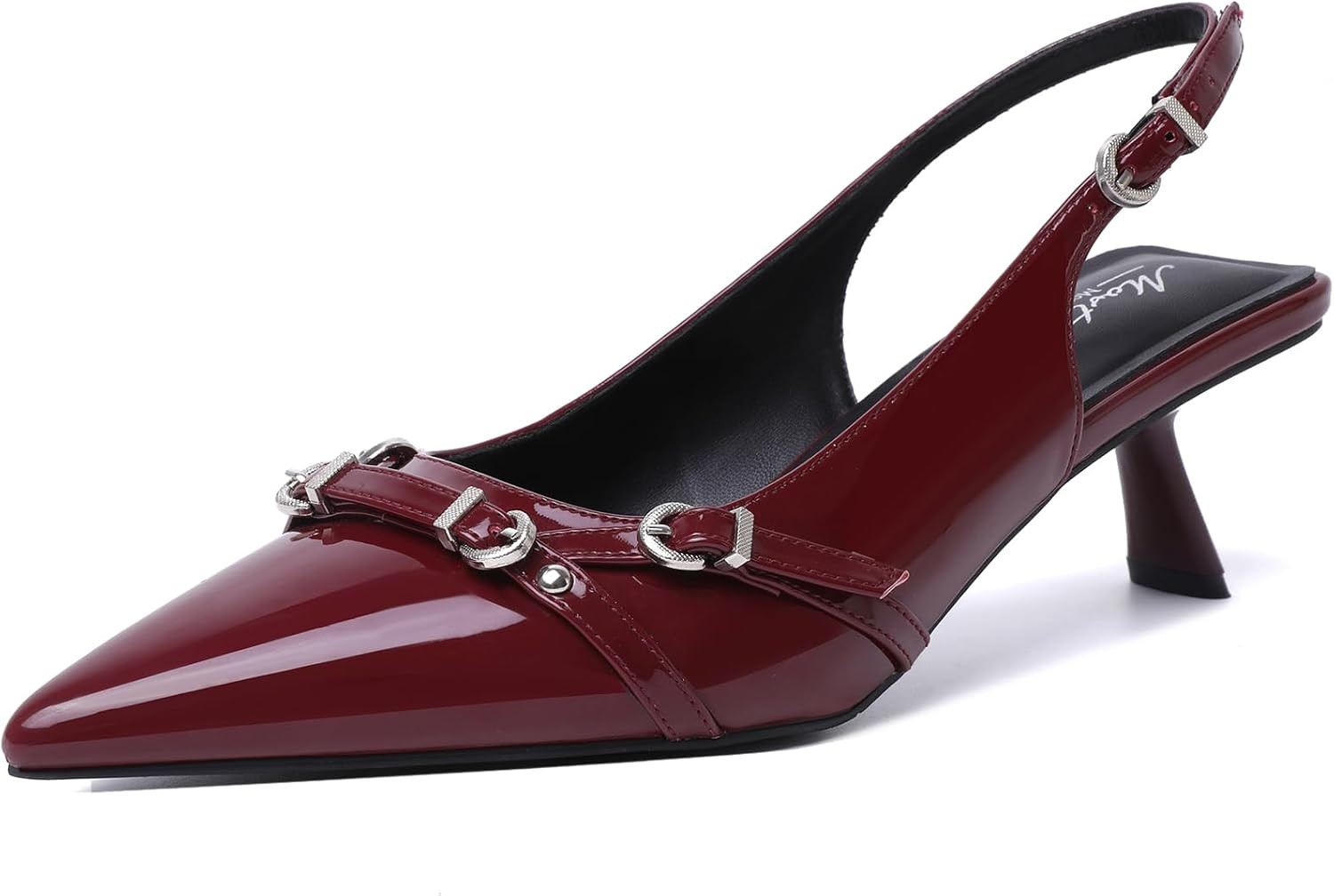 Mostrin Kitten Heels for Women Pointed Toe Pumps Patent Leather Low Heel Slingback Heels with Buckle Dress Shoes for Dating Party Working | Amazon (US)