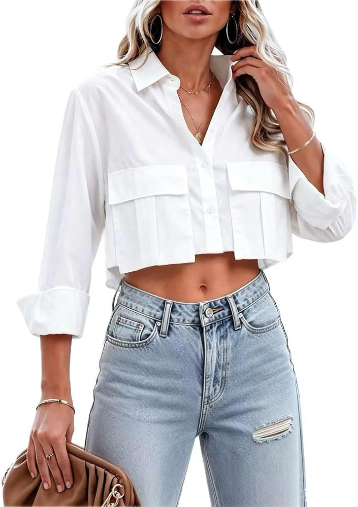 Button Down Cropped Shirts for Women Long Sleeve Button Up Crop Top Collared Blouse Shirt with Fl... | Amazon (US)