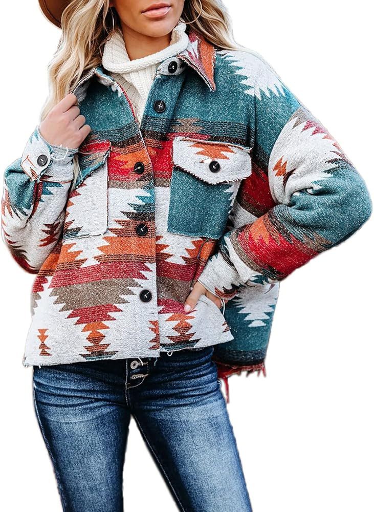 Dellytop Women's Aztec Shacket Long Sleeve Button Down Collared Shirt Jacket Tops with Pockets | Amazon (US)