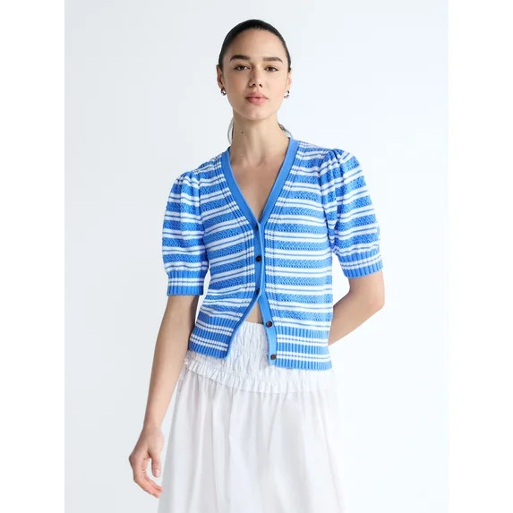 Free Assembly's Women's Cotton Crochet Cardigan Sweater with Puff Sleeves, Sizes XS-4X | Walmart (US)