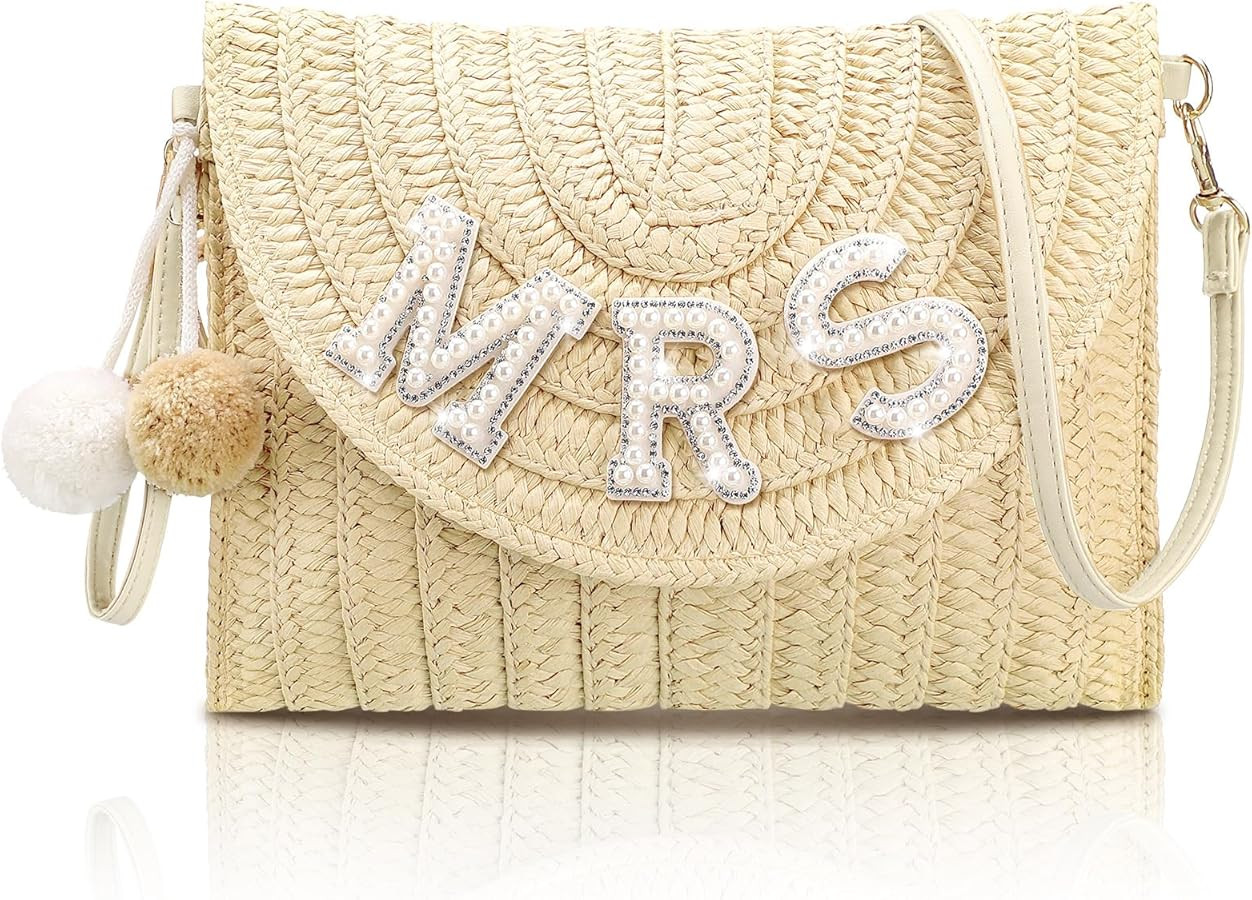 Bride Straw Shoulder Bag Woven Envelope Wallet Pearl Rhinestone Wedding Vacation Purse Honeymoon ... | Amazon (US)