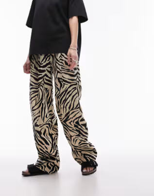 Topshop zebra printed wide leg linen trouser in monochrome | ASOS (Global)