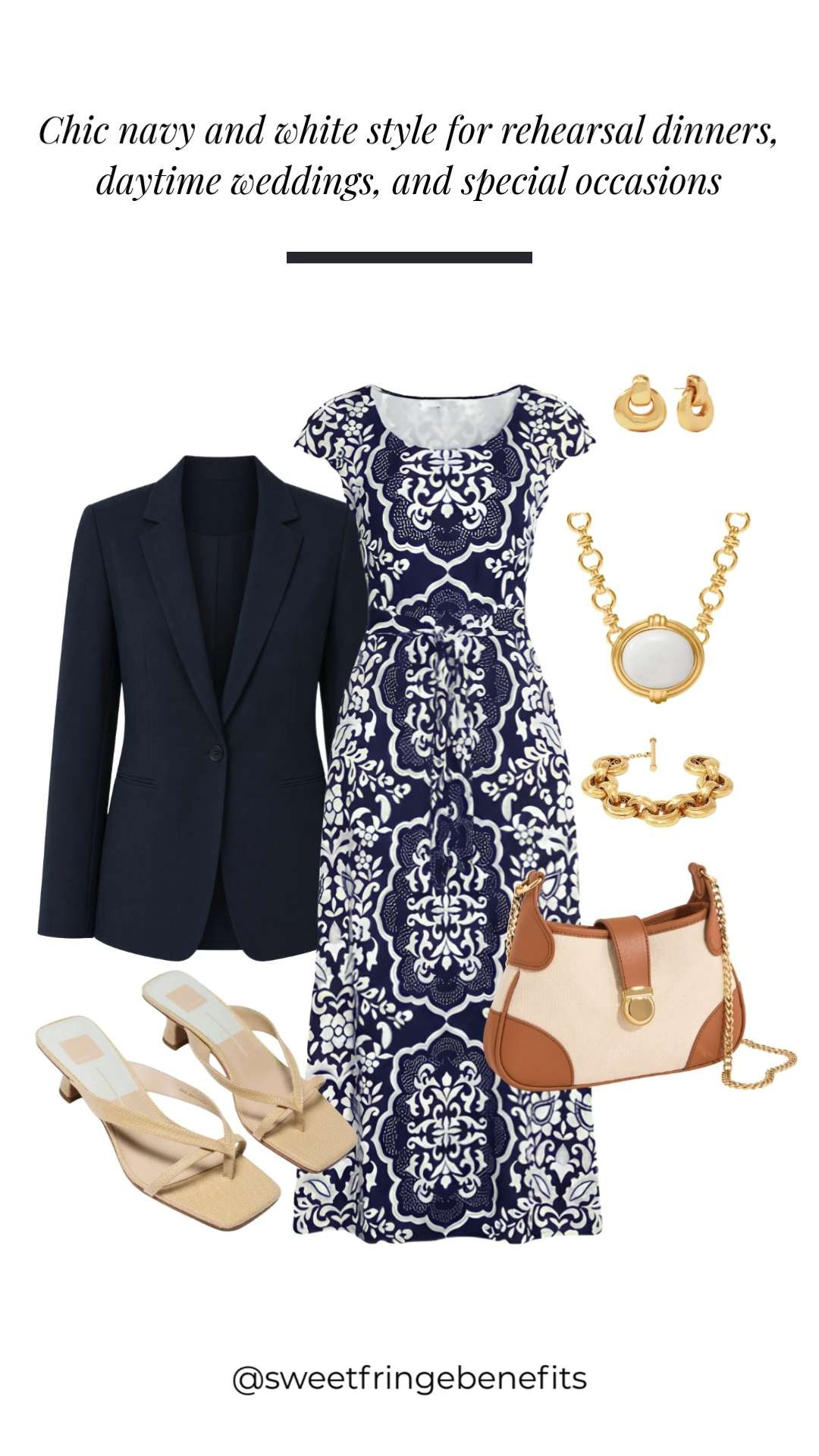 Elegant navy and white outfit inspiration. Loving this printed midi dress styled with a navy blazer, neutral heels, gold accessories, and a classic handbag. 🫶🏻 

 #LTKootd #LTKOver40 #LTKSaleAlert