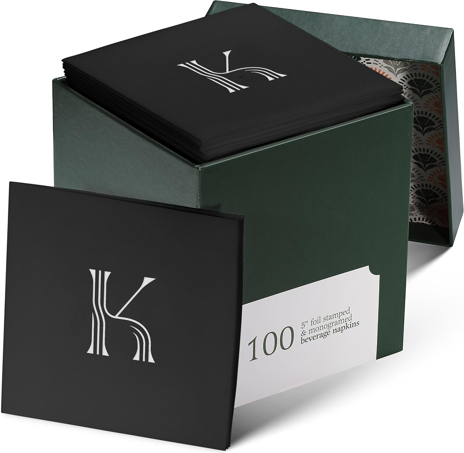 100 Pack Disposable Monogrammed Cocktail Napkins Black, 5"x5" Linen-Feel Silver Foil Letter K Paper Napkins, Initial White Beverage Napkins For Wedding, Party, Bar Or Holiday | Amazon (US)