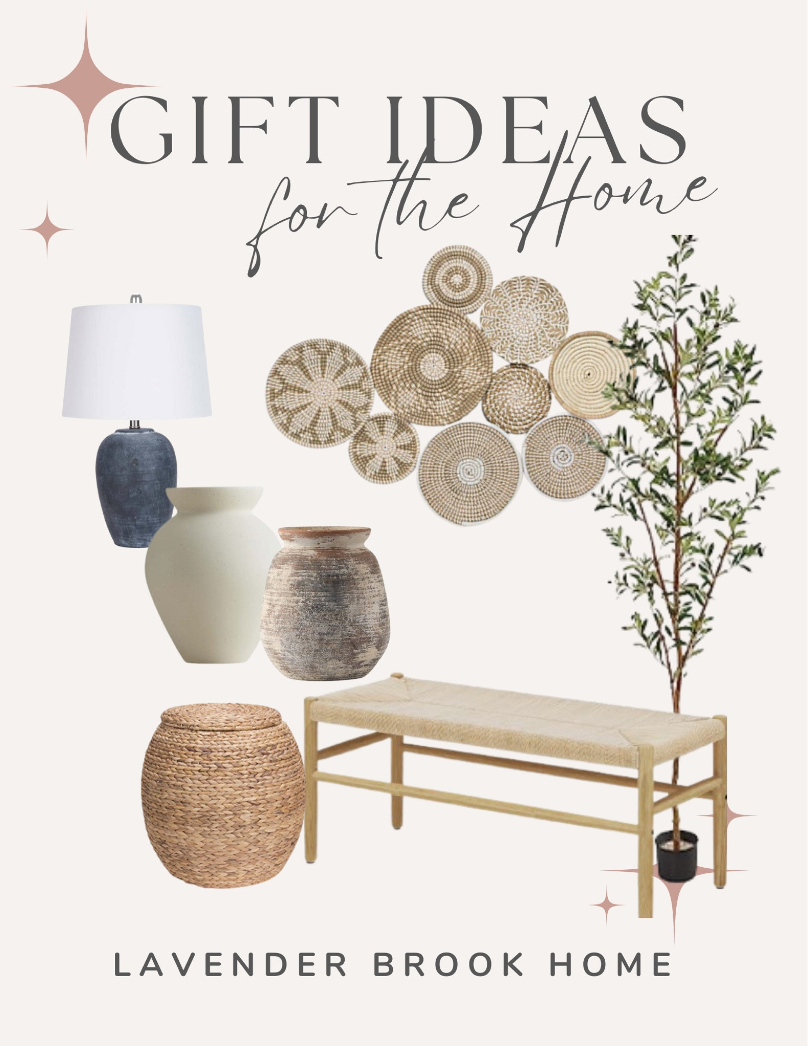 Gift ideas for a cozy home include this lovely, natural bench, woven basket for storage, pottery, inspired lamps, old world style, pottery, and woven wall decor. 

#LTKhome #LTKstyletip #LTKGiftGuide