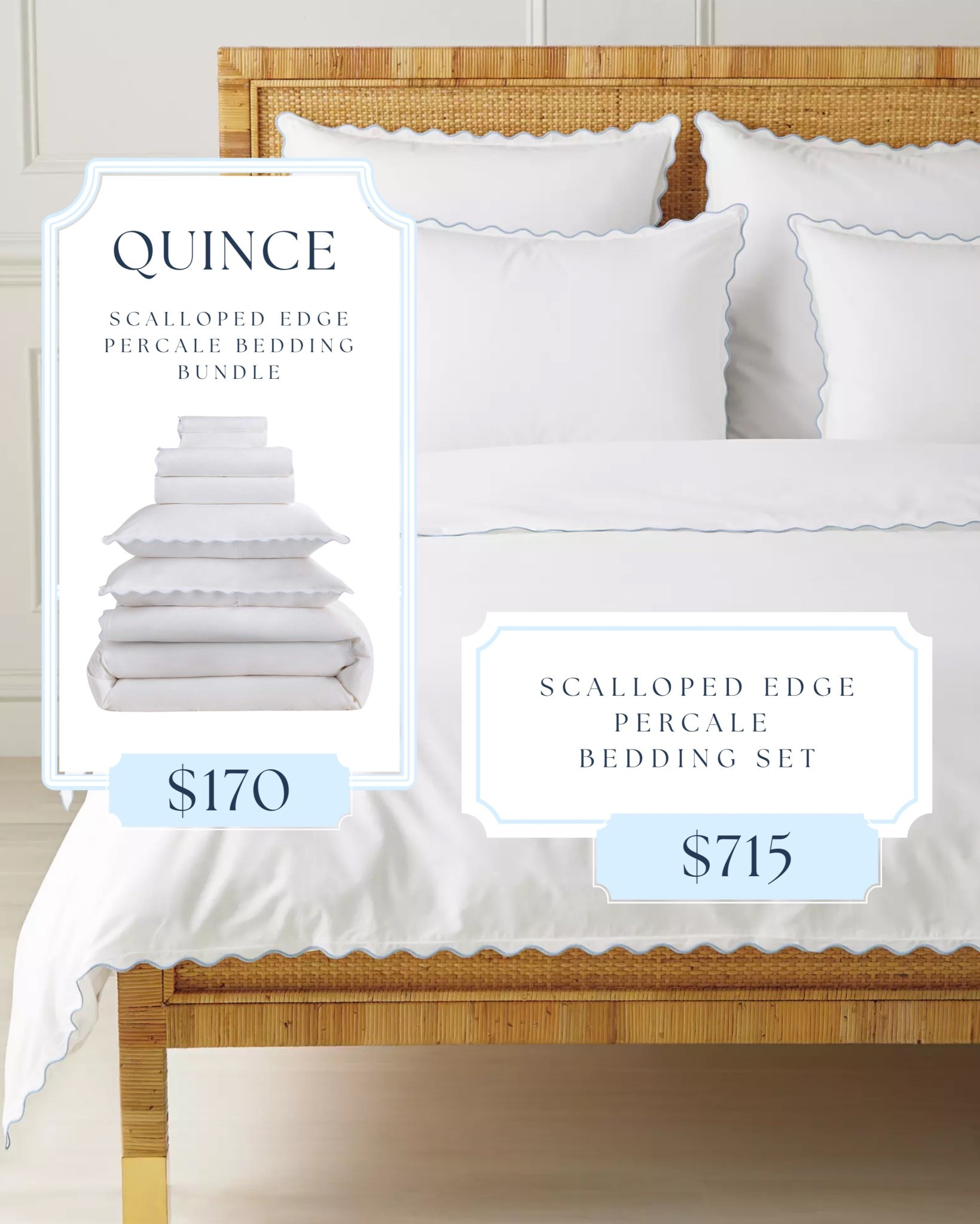 I personally have & love Serena and Lily Percale sheets and may have found the best look for less 🤭 This light blue scalloped edge percale bedding from Quince gives you that crisp, coastal luxury look for hundreds less (+ a higher thread count!). Cool, breathable, and timeless—exactly what I would recommend for a bed refresh. 🛏️🤍 #LookForLess  

#LTKSaleAlert #LTKHome