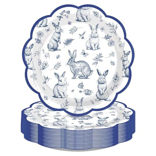 50Pcs Easter Scalloped Paper Plates 9" Heavy Duty Blue White Retro Flower Rabbit Party Decoration Disposable Chinoiserie Vintage Floral Plates for Easter Spring Tea Party Bridal Wedding Supplies | Amazon (US)