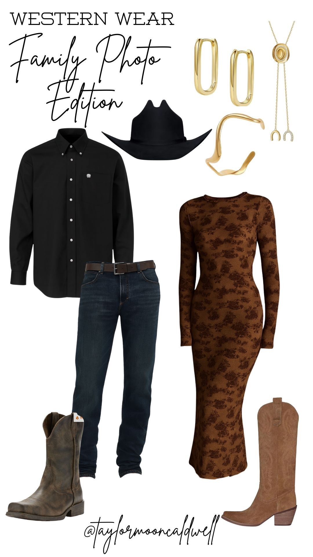 A polished, neutral western look for your next family photoshoot—classic black button-down, dark denim, dressy cowgirl boots, a fitted western dress, gold accessories, and a timeless cowboy hat. This elevated western style is perfect for fall minis, ranch sessions, holiday photos, or any family portraits where you want a clean, cohesive western aesthetic.

Shop the full curated look below—neutral, timeless, and picture-perfect. 🤎✨

#LTKSeasonal #LTKCyberWeek #LTKHoliday