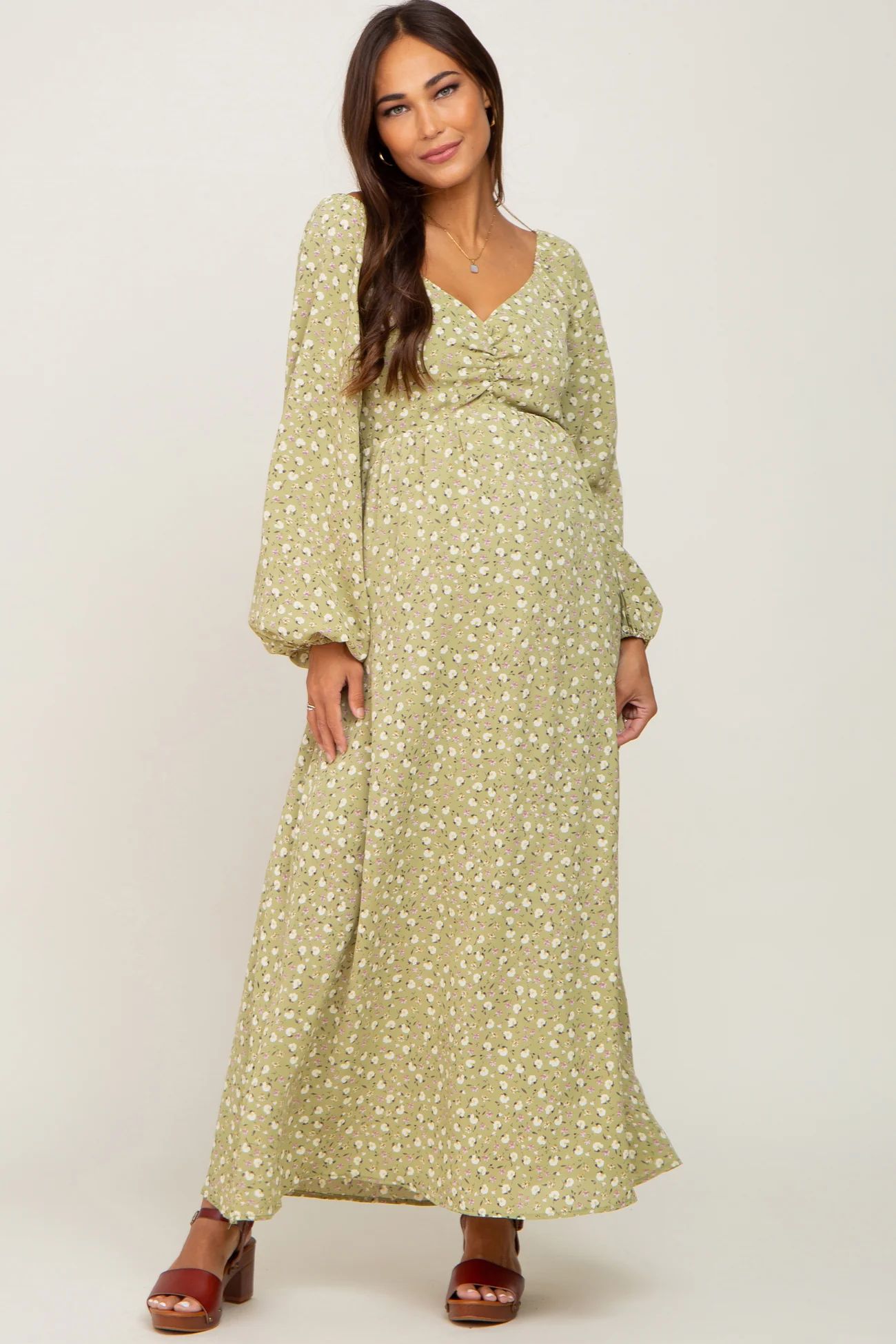 Light Green Floral Sweetheart Maternity Maxi Dress | PinkBlush Maternity