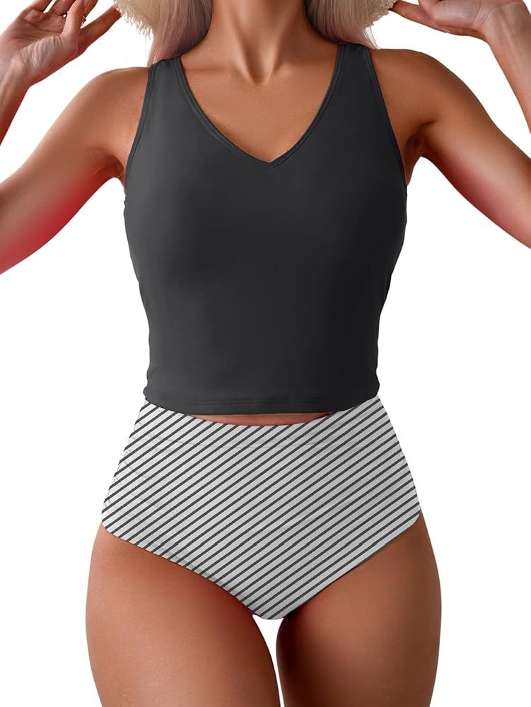 Eomenie Two Piece Tankini Swimsuits for Women Tummy Control Bathing Suits Cutout Back Swim Tank T... | Amazon (US)