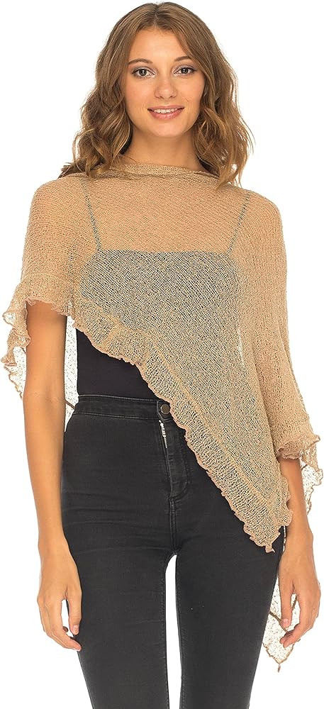 SHU-SHI Womens Sheer Poncho Shrug Lightweight Knit Ruffle Pullover Sweater Top | Amazon (US)
