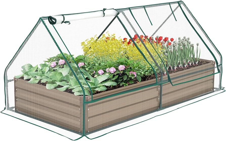 Metal Raised Garden Bed with Greenhouse 2 Large Zipper Windows Dual Use,Galvanized Steel Raised G... | Amazon (US)