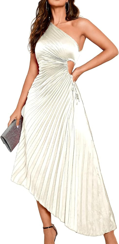 Kaei&Shi Satin Prom Dress,One Shoulder Cutout Asymmetrical Pleated Dresses for Women,Cocktail Bir... | Amazon (US)