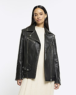 Black faux leather Oversized Biker Jacket | River Island (UK & IE)