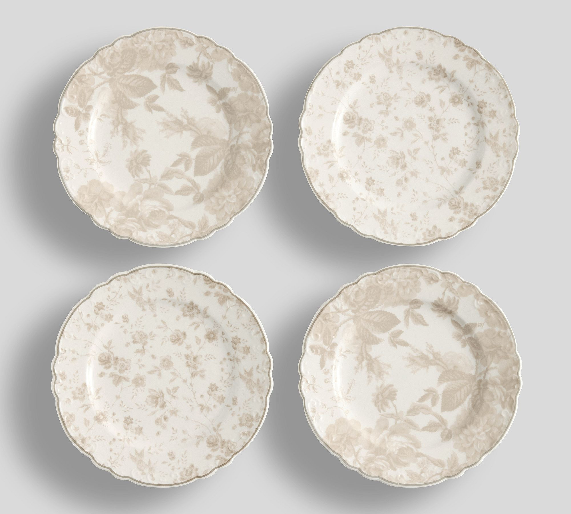 LoveShackFancy Neutral Floral Porcelain Appetizer Plates - Mixed Set of 4 | Pottery Barn (US)