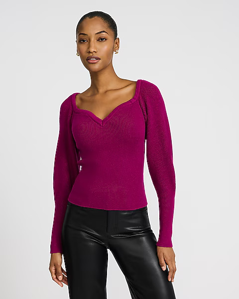 Ribbed V-Neck Long Puff Sleeve Sweater | Express