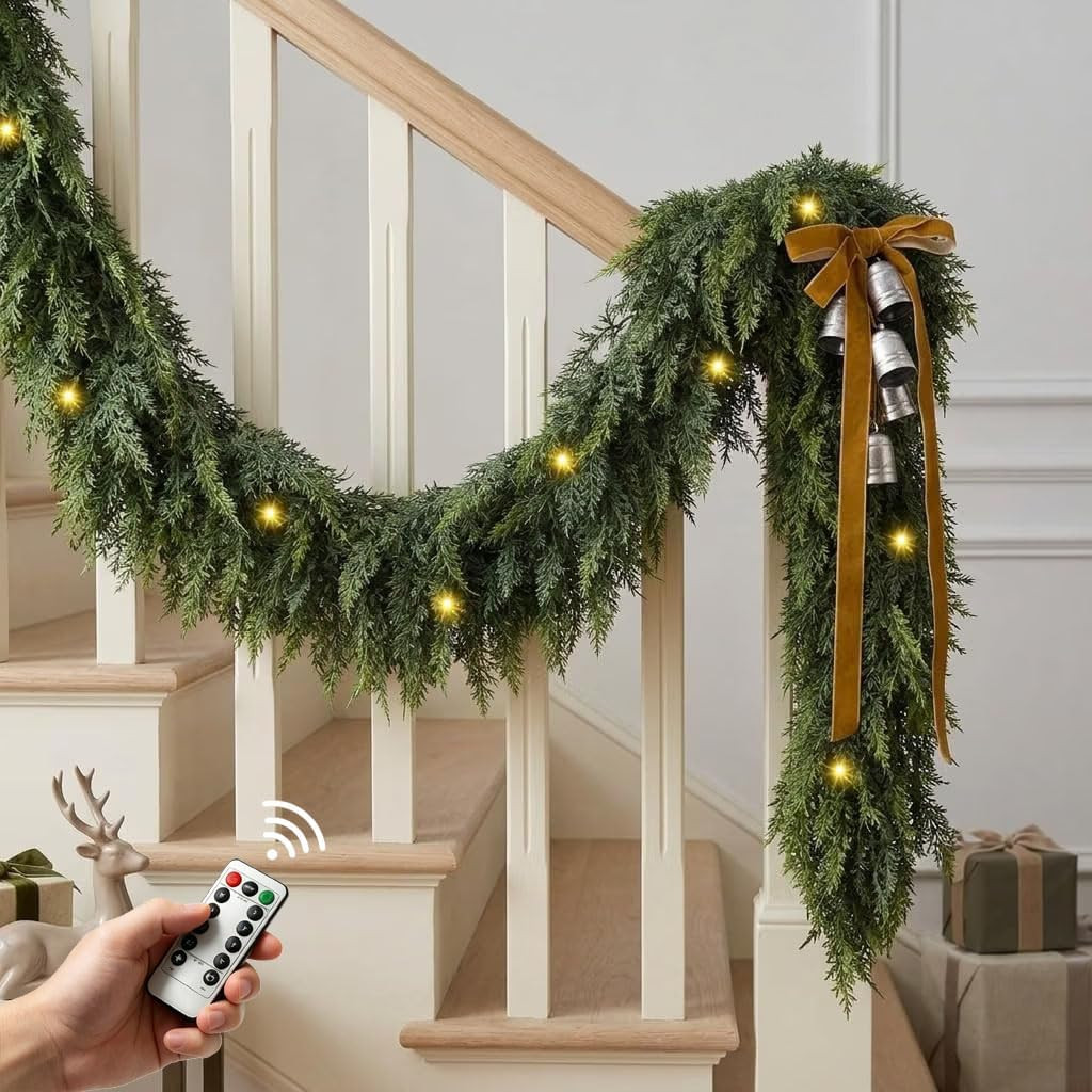 9FT 2Pcs Christmas Cedar Garland with Lights Realistic Faux Pine Garlands | Amazon (US)