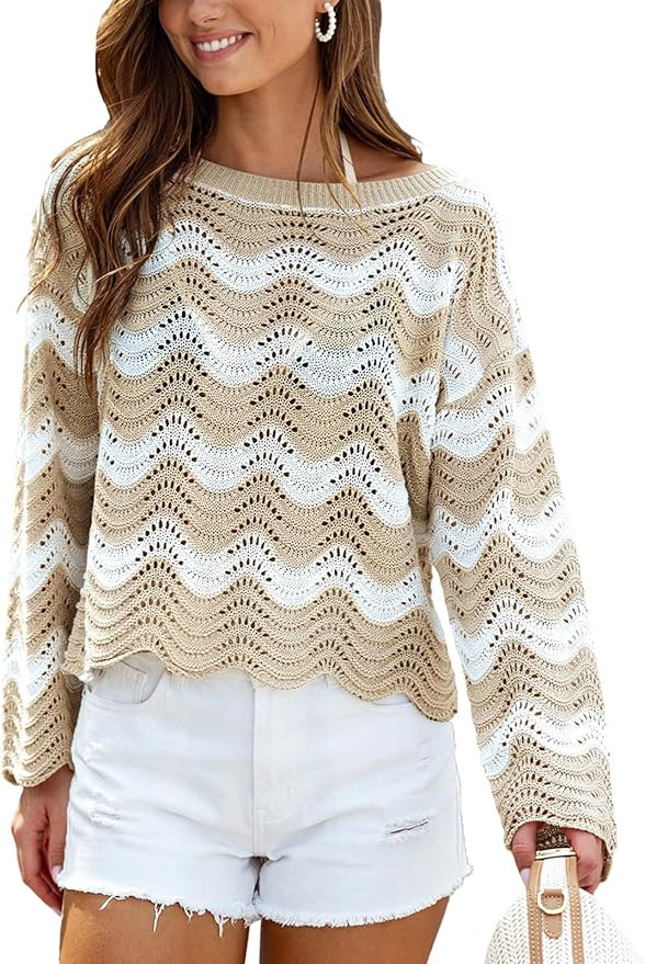 CUPSHE Women's Crochet Cover Up Long Sleeve Striped Beach Cover Up Top Summer Casual Knit Tops fo... | Amazon (US)