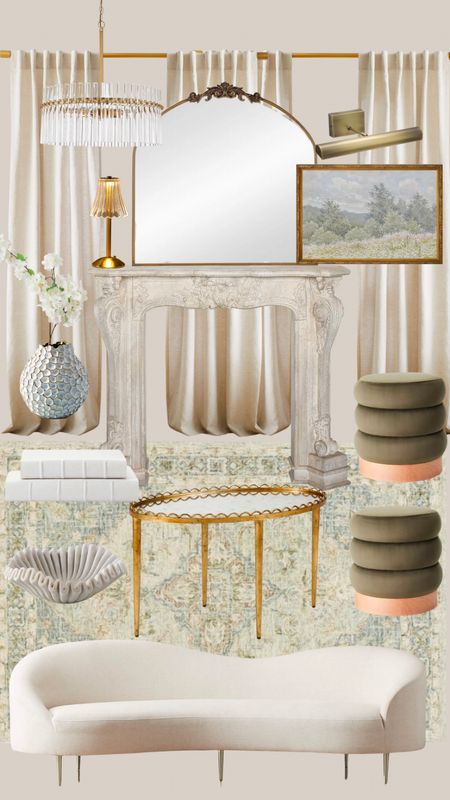 Parisian style living room mood board- furniture & home decor. Parisian style fireplace mantle, white curved sofa, green & neutral rug, olive green velvet ottomans, gold frame wall art, brass battery operated picture light, Crystal chandelier, mantle mirror, coffee table books, shelf decor, decorative bowl, vase, faux spring cherry blossoms, gold oval coffee table. Under $1000

#LTKSale #LTKsalealert #LTKhome
