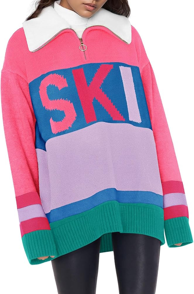 Womens Sweaters Trendy Long Sleeve 1/4 Zip Pullover Polo V Neck Dressy Casual Color Block Ski Kni... | Amazon (US)