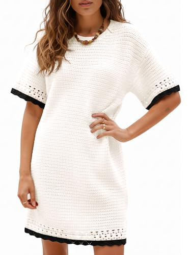 Fisoew Womens Crochet Knit Dress Summer Short Sleeve Cotton Casual Loose Coverups Beach Vacation ... | Amazon (US)