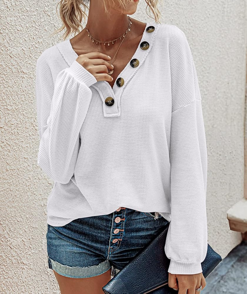 BTFBM Women Waffle Knit Shirts V-Neck Long Sleeve Casual Slouchy Loose Blouses Plain Faux Button Lig | Amazon (US)