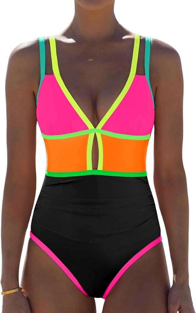 popvil Women One Piece Swimsuit 2026 Tummy Control Sexy Cutout Neon Color Block Bathing Suit Slim... | Amazon (US)