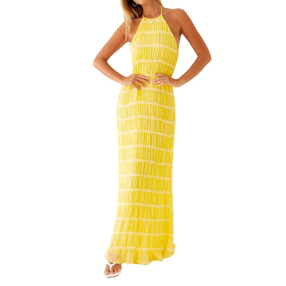 Women Backless Dress Sleeveless Textured Halter Open Back Maxi Dresses Vacation Wedding Guest | Amazon (US)
