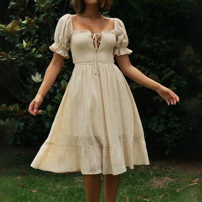 Women's Back Tie Midi Dress Sleeveless Ruffle Sleeve Elegant Bodycon Dress for Women Apricot,M | Target