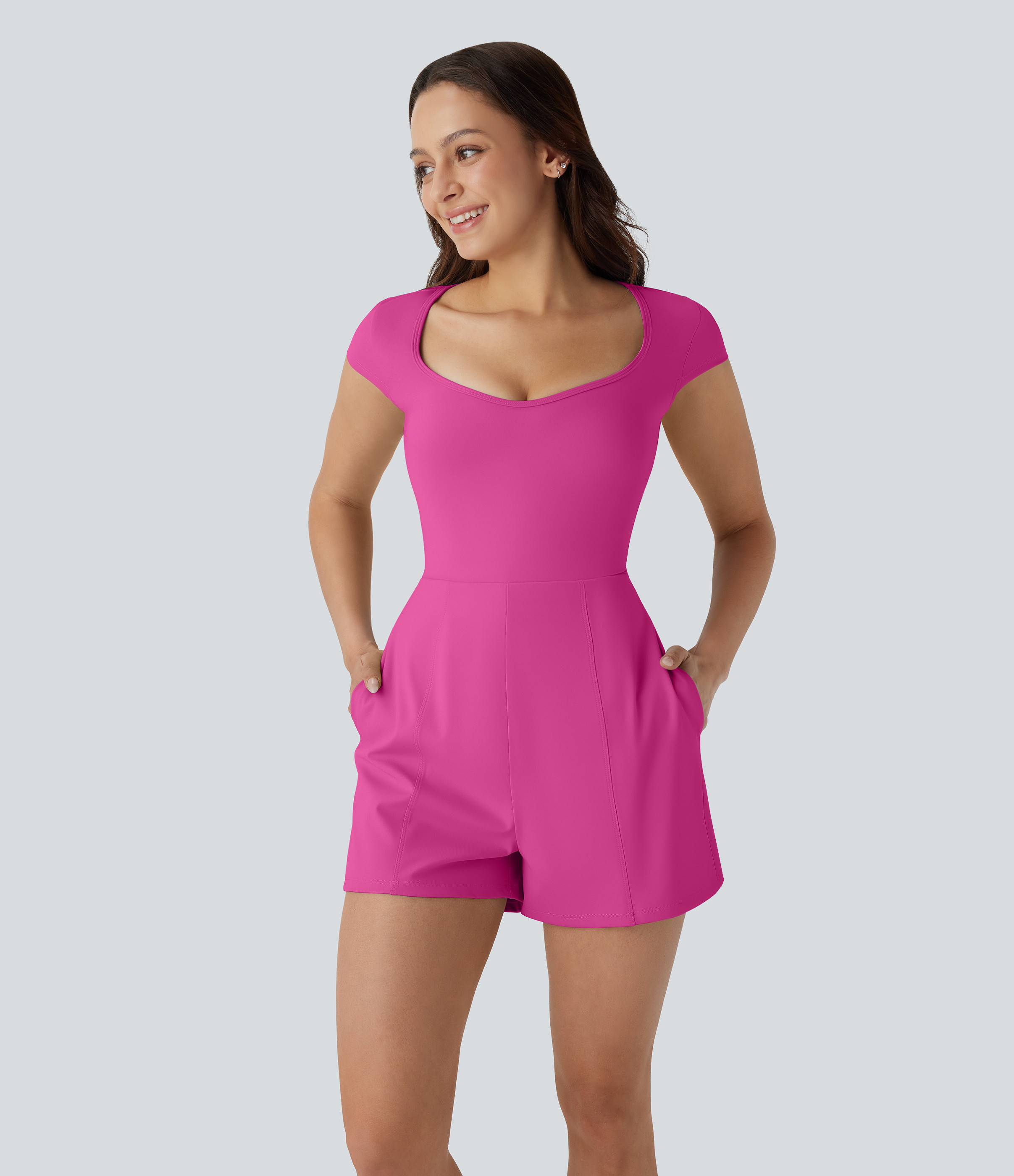 Halara SoftlyZero™ Airy U Neck Cap Sleeve Pocket Cool Touch Yoga Jumpsuit-Easy Peezy Workout Dress - Gull - XL | HALARA