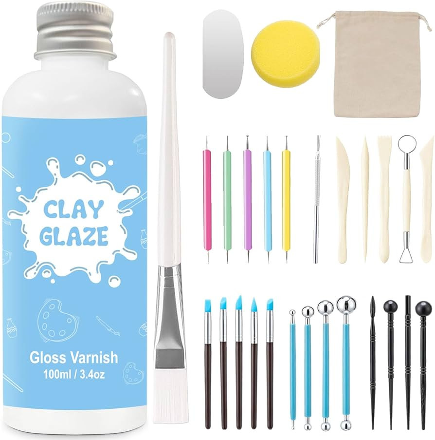 EIGTWEN 100ml Air Dry Clay Glaze and 29pcs Clay tools kit, Gloss Clay Varnish Protects Clay from ... | Amazon (US)