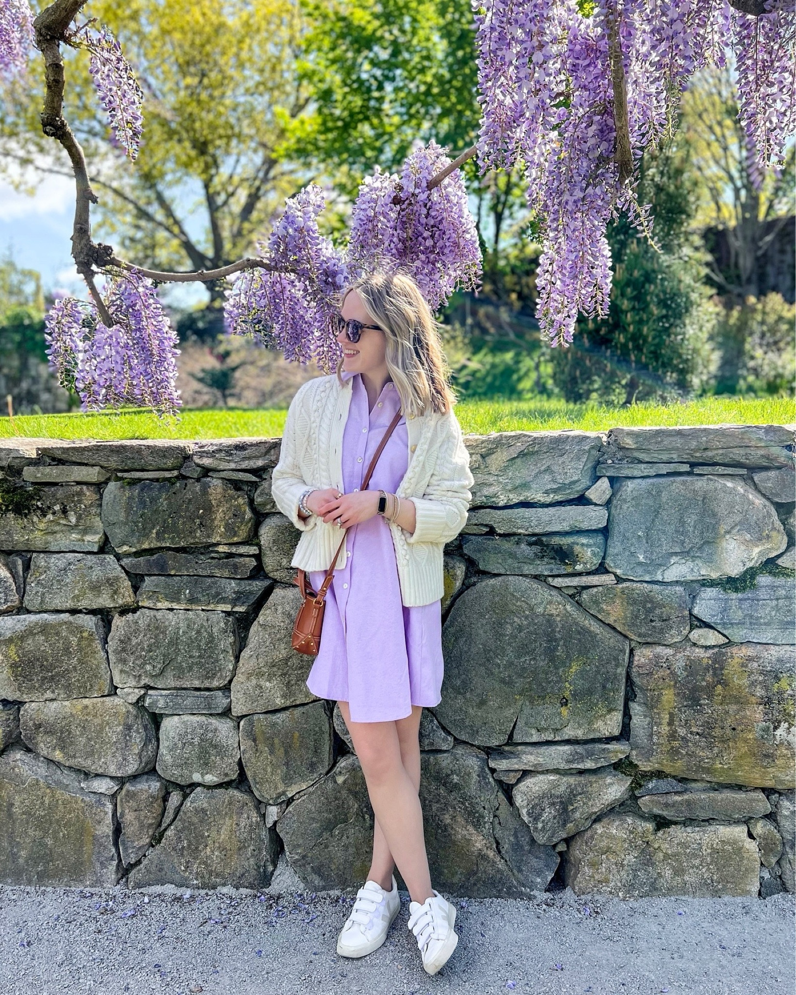 wisteria hysteria 💜 

〰️

lavender shirt dress // tuckernuck harris shirt dress // vejas velcro sneakers // white cable knit cardigan // mini leather crossbody // grandmillennial // preppy spring outfit