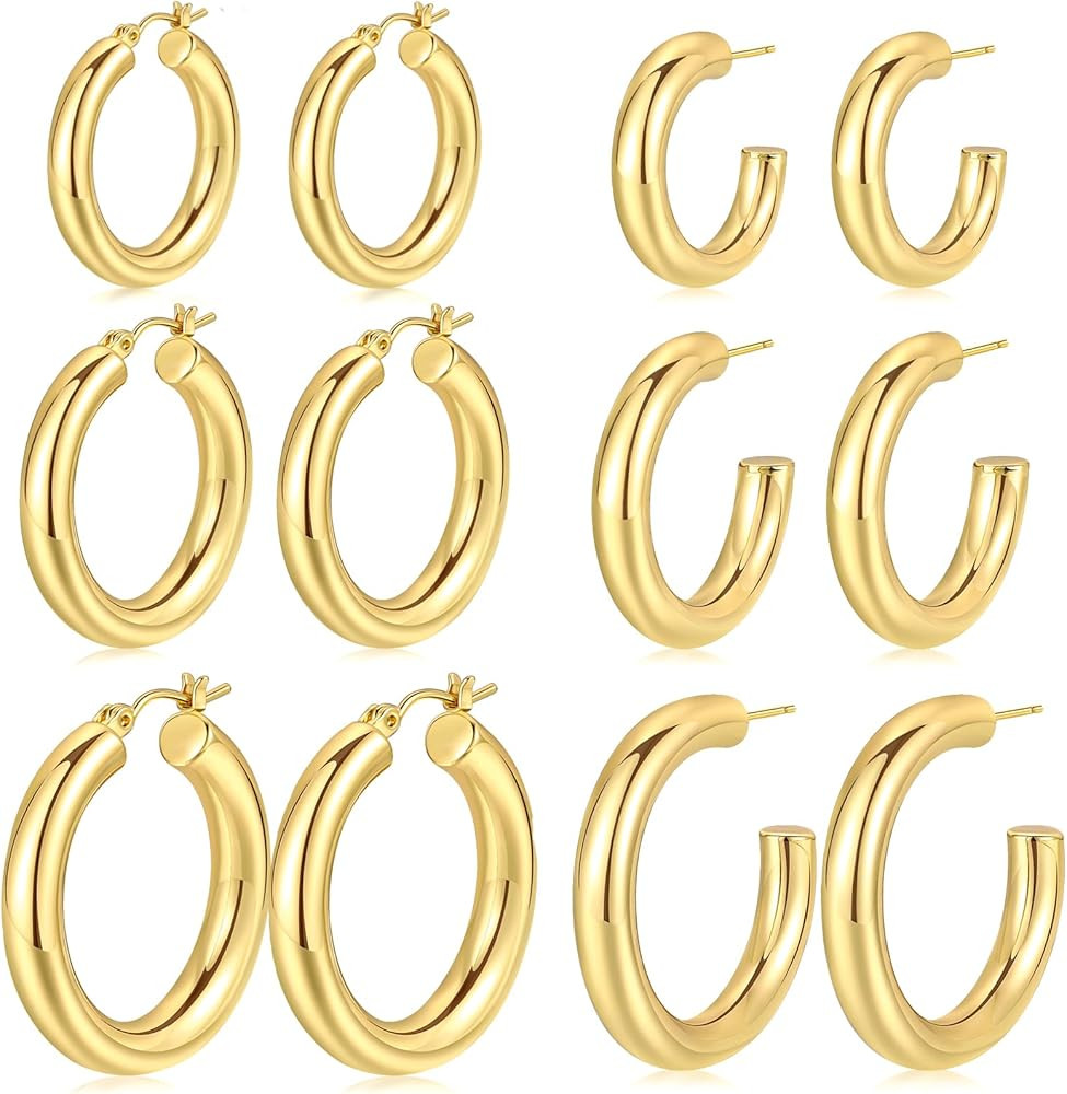 6 Pairs Simple Gold Hoop Earrings Set for Women Trendy, 14K Gold Plated Chunky Hollow Tube Hoops ... | Amazon (US)