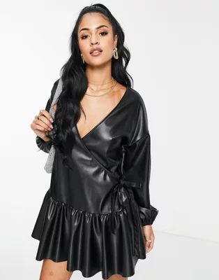 ASOS DESIGN leather-look wrap front mini smock dress in black | ASOS (Global)