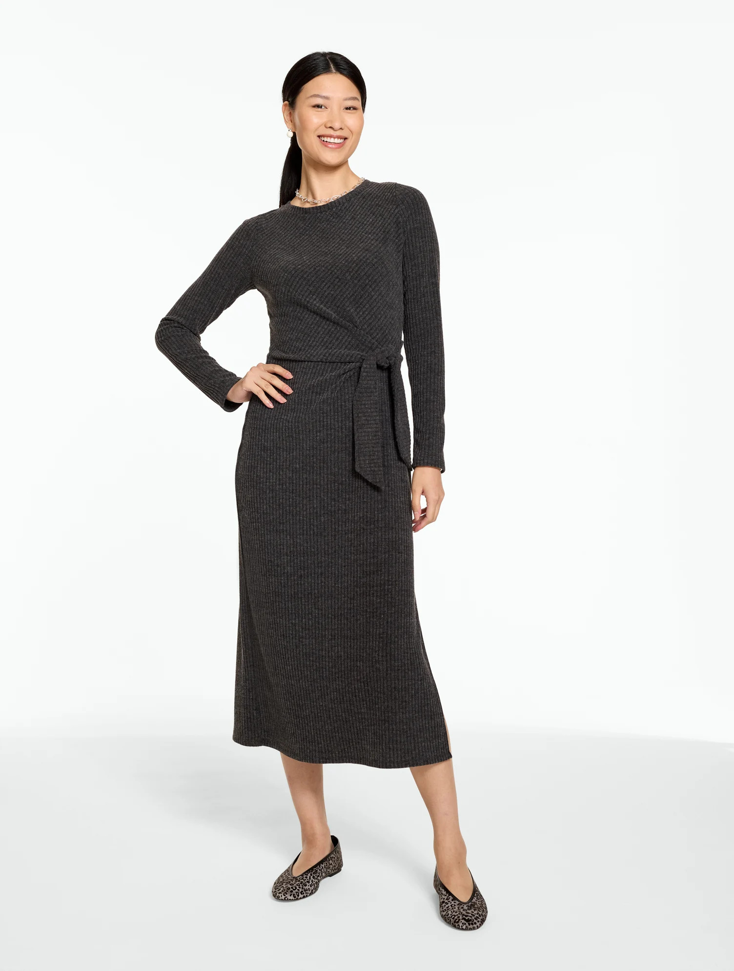 Petite - Ribbed Side Tie Jersey Midi Dress - Charcoal Grey - Small Talbots | Talbots