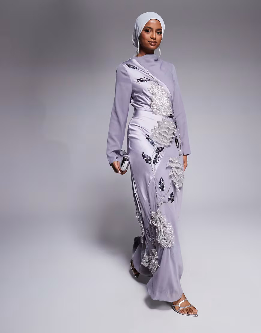 ASOS DESIGN satin chiffon mix embellished maxi dress with cowl neck in dusky purple-Gray | ASOS (Global)