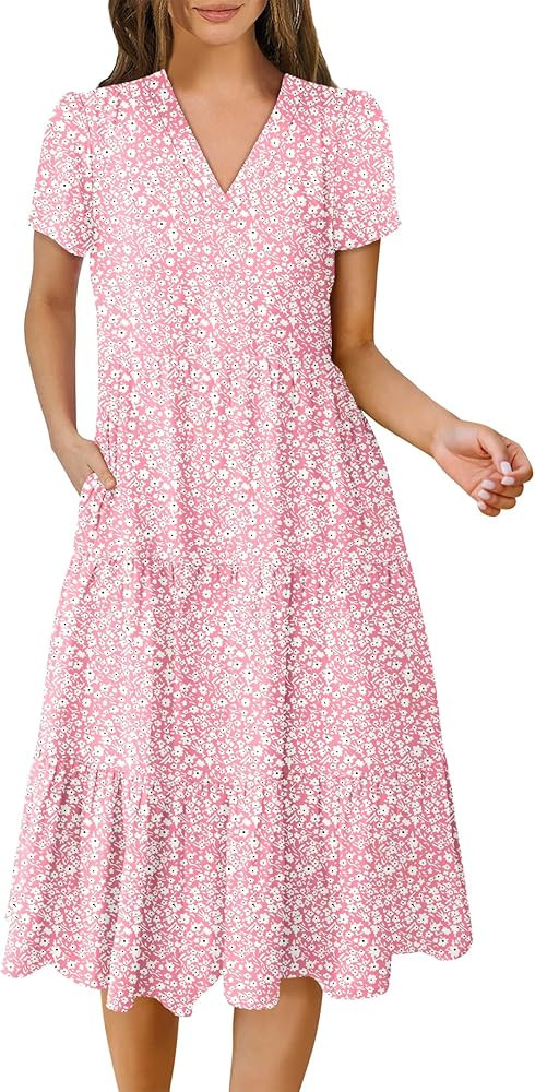 ANRABESS Women's Summer Casual Short Sleeve V Neck Midi Dresses 2026 Spring Flowy A-line Tiered T... | Amazon (US)