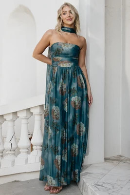 Elias Strapless Maxi Dress | Deep Teal Floral | Baltic Born