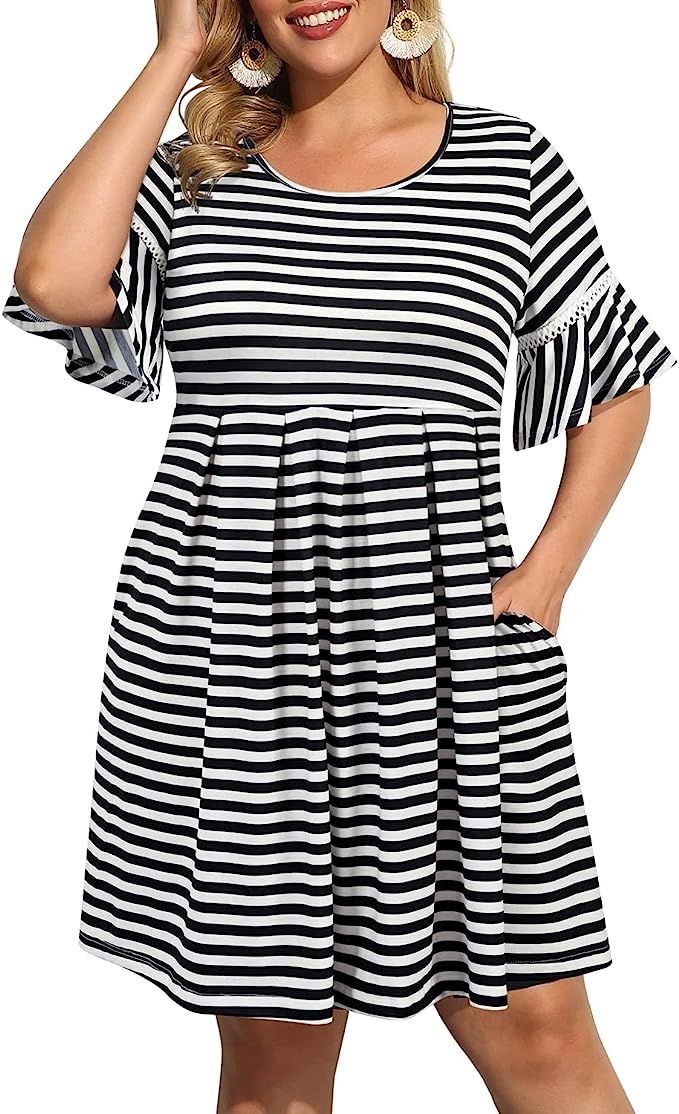 Pinup Fashion Women's Plus Size Bell Sleeve Knit Swing Casual Beach Short Dress with Pockets | Amazon (US)