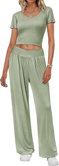 Ekouaer Summer Outfits for Women 2 Piece Lounge Sets Comfy Square Neck Short Sleeve Wide Leg Pant... | Amazon (US)
