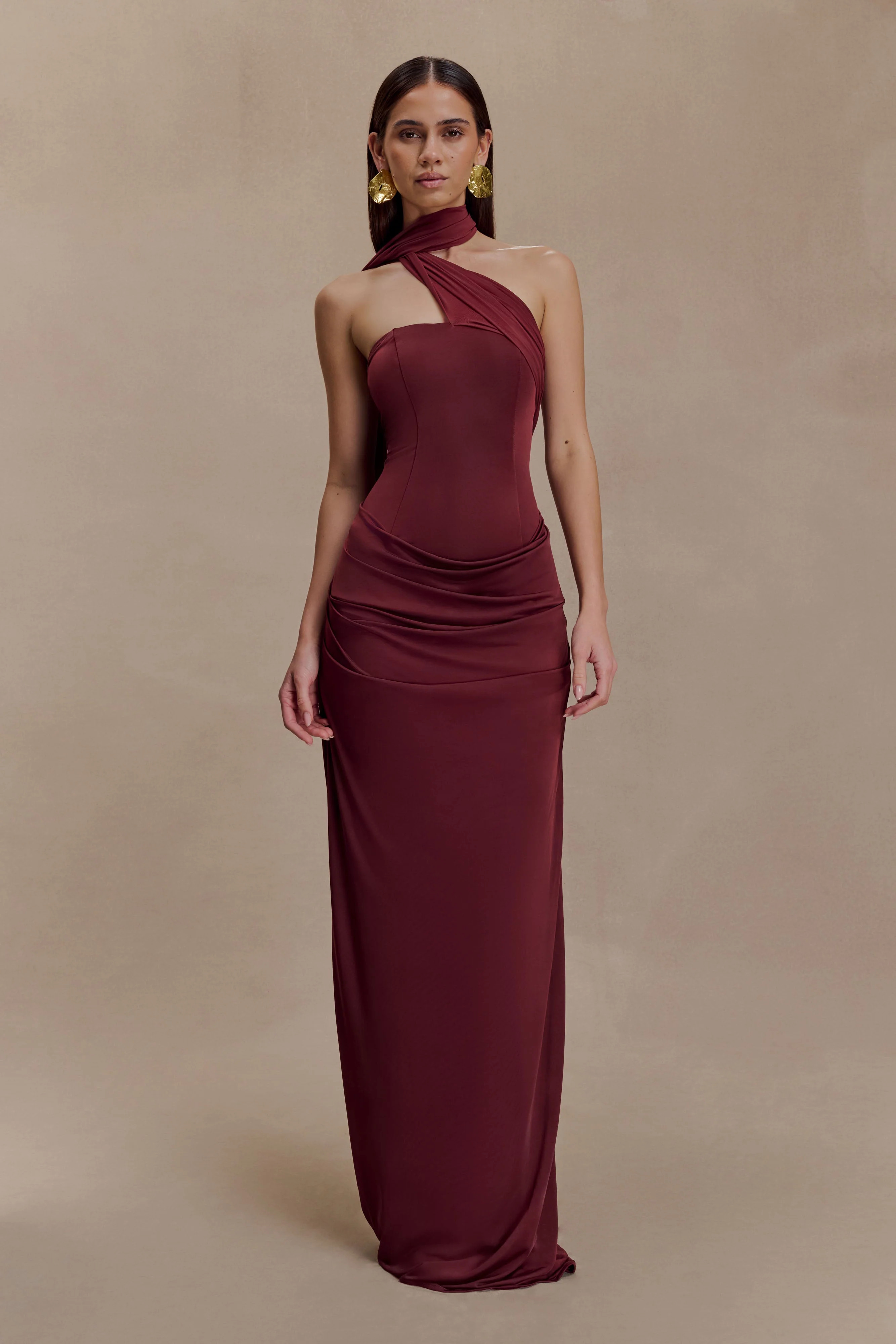 Slinky And Mesh Maxi Dress With Scarf - Burgundy | MESHKI US
