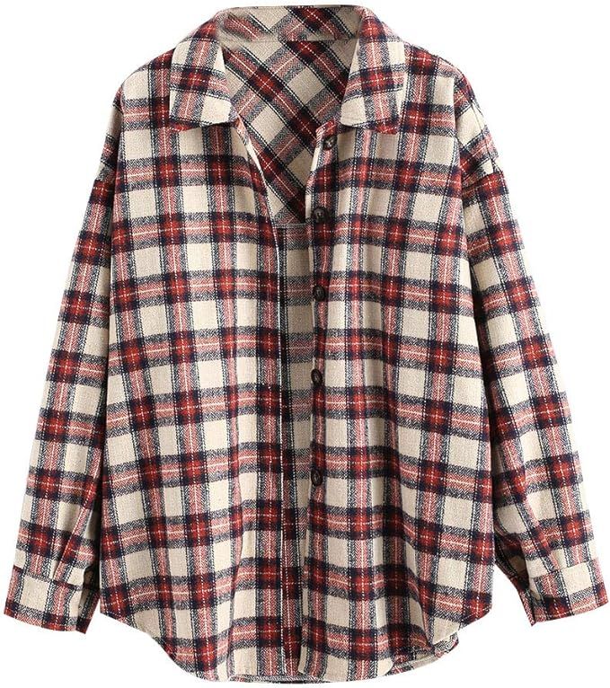 ZAFUL Womens Flannel Shacket Jacket Casual Plaid Wool Blend Button Down Long Sleeve Shirt 2023 Fa... | Amazon (US)