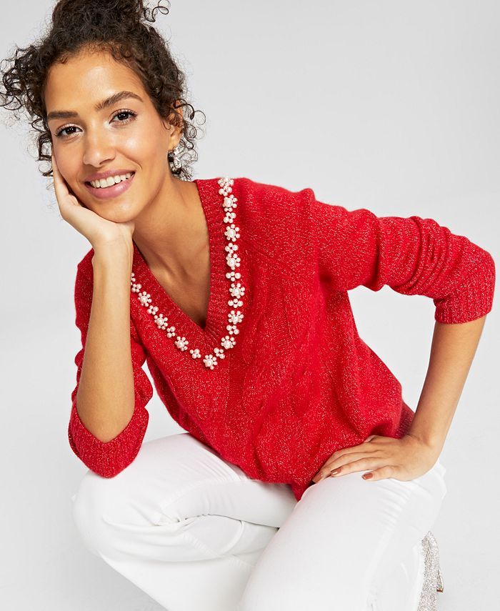 Charter Club Embellished Metallic V-Neck Sweater, Created for Macy's & Reviews - Sweaters - Women... | Macys (US)