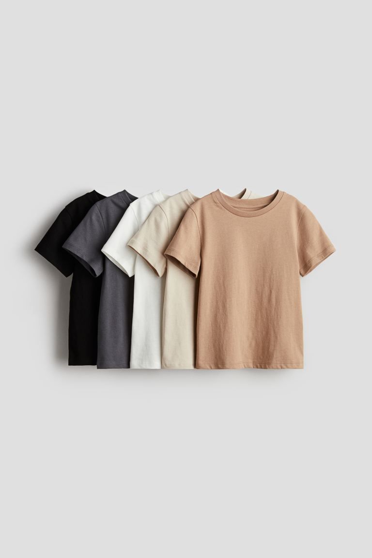 5-pack Cotton T-shirts - Round Neck - Short sleeve - Black/beige - Kids | H&M US | H&M (US + CA)
