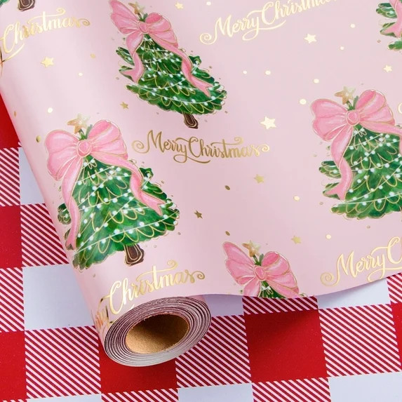 HOMERAL Christmas Wrapping Paper Roll - Pink Gift Wrap with Christmas Tree, Candy Cane and Bowkno... | Walmart (US)