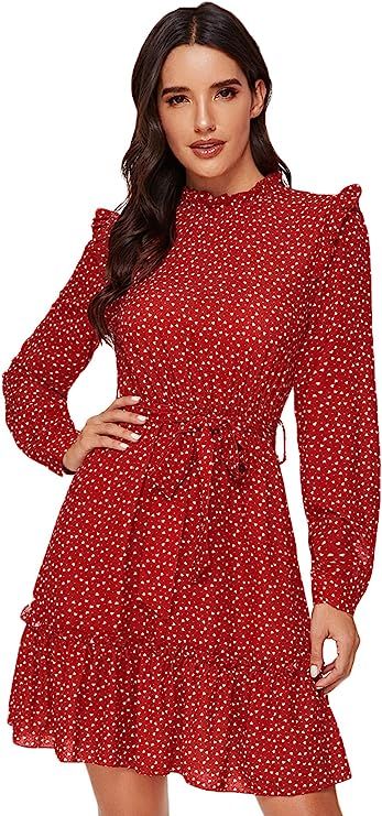 Floerns Women's Long Sleeve Ruffle Trim Self Tie Floral Print Short Dress | Amazon (US)