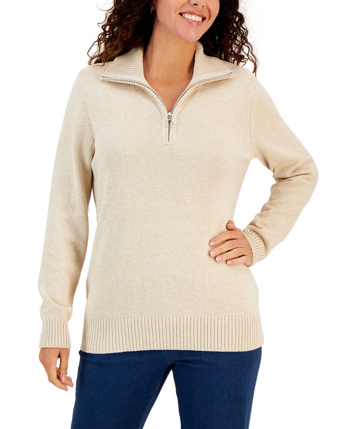 Karen Scott Women's Cotton Marl Zip Sweater, Created for Macy's & Reviews - Sweaters - Women - Ma... | Macys (US)